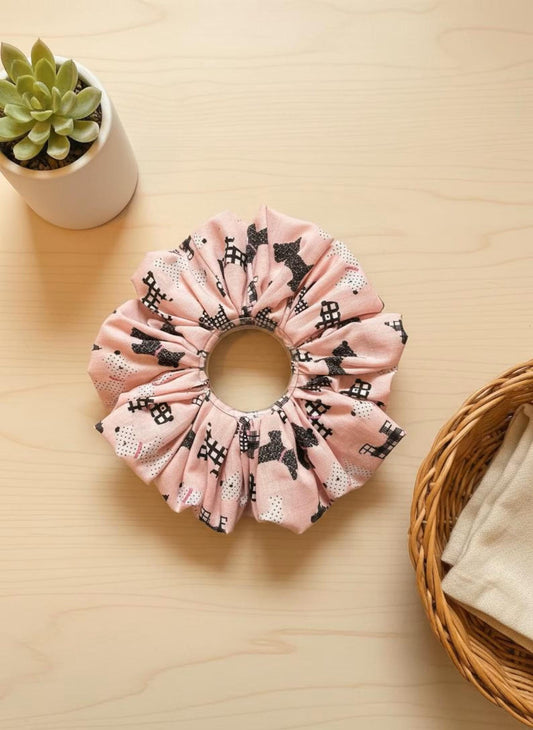 Handmade Scottie Dog Pattern With Lace Scrunchies | Scrunchie Hair Tie | Cotton Polyester Hairband | Animal Pattern Scrunchies