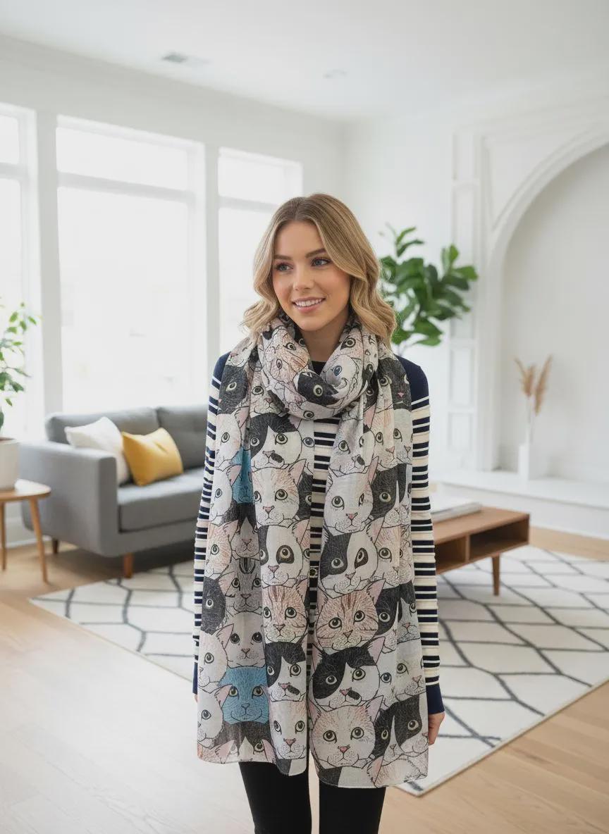 Cat Print Scarf - All Seasons Wrap For Cat Lovers