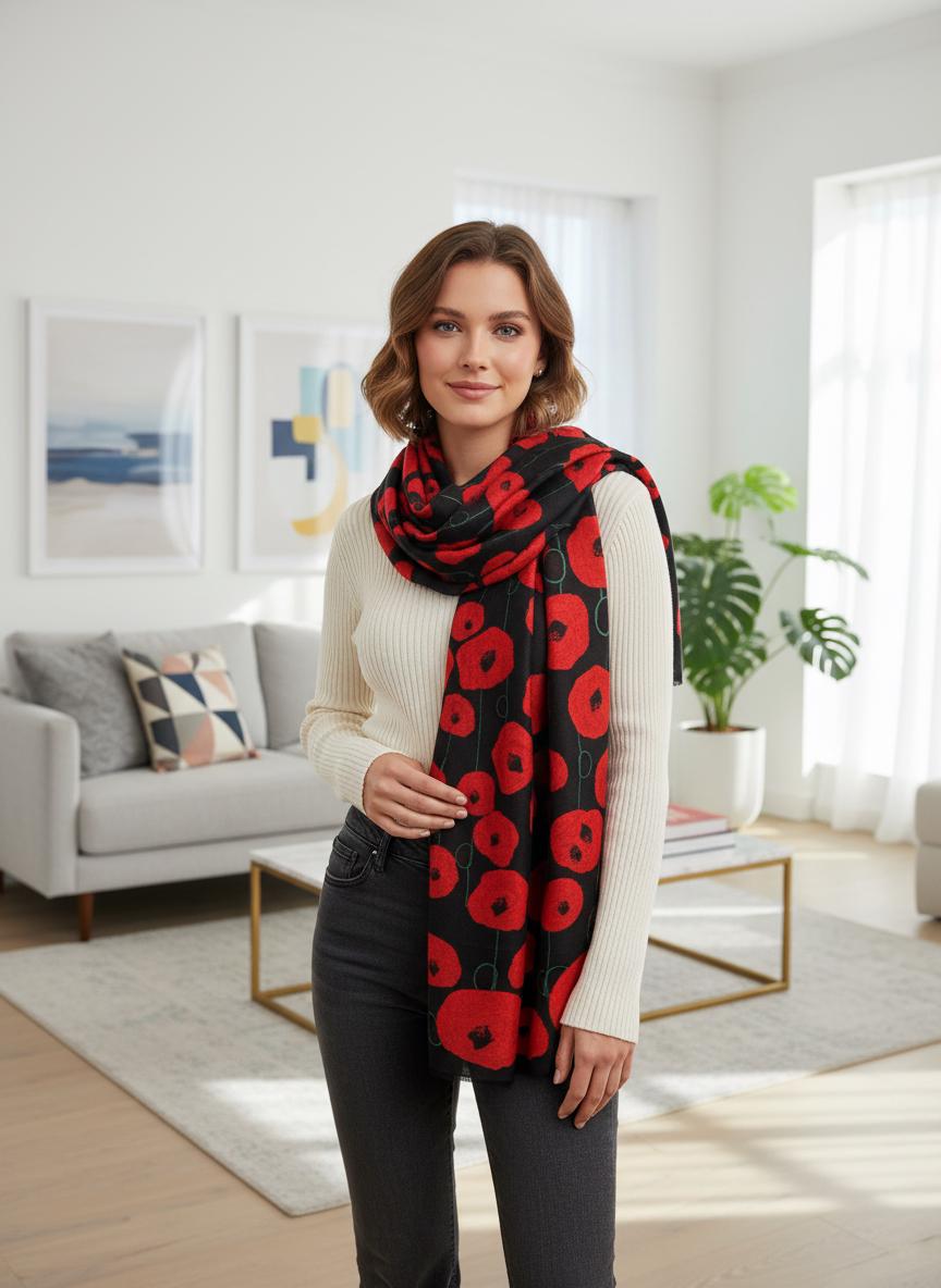 New Poppy Flower Print Lightweight Large Scarf Comes with a gift bag