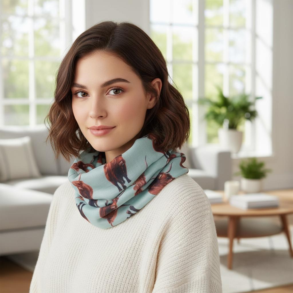 Scottish Highland Cow Printed Snood with Horns Print infinity Scarves Comes with a gift bag