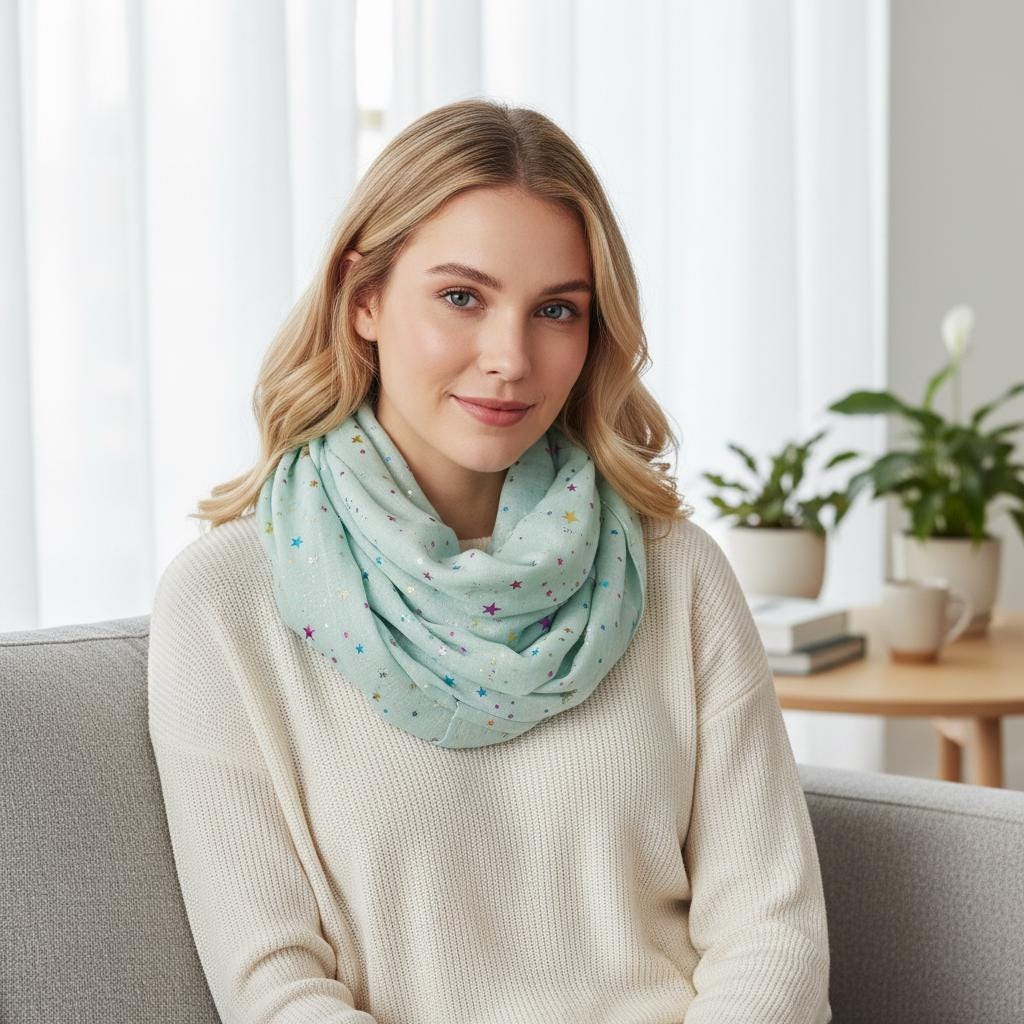 Rainbow Glitter Moon Star Print Snood Ladies Celebrity Style Infinity Scarf Wrap Comes with a gift bag