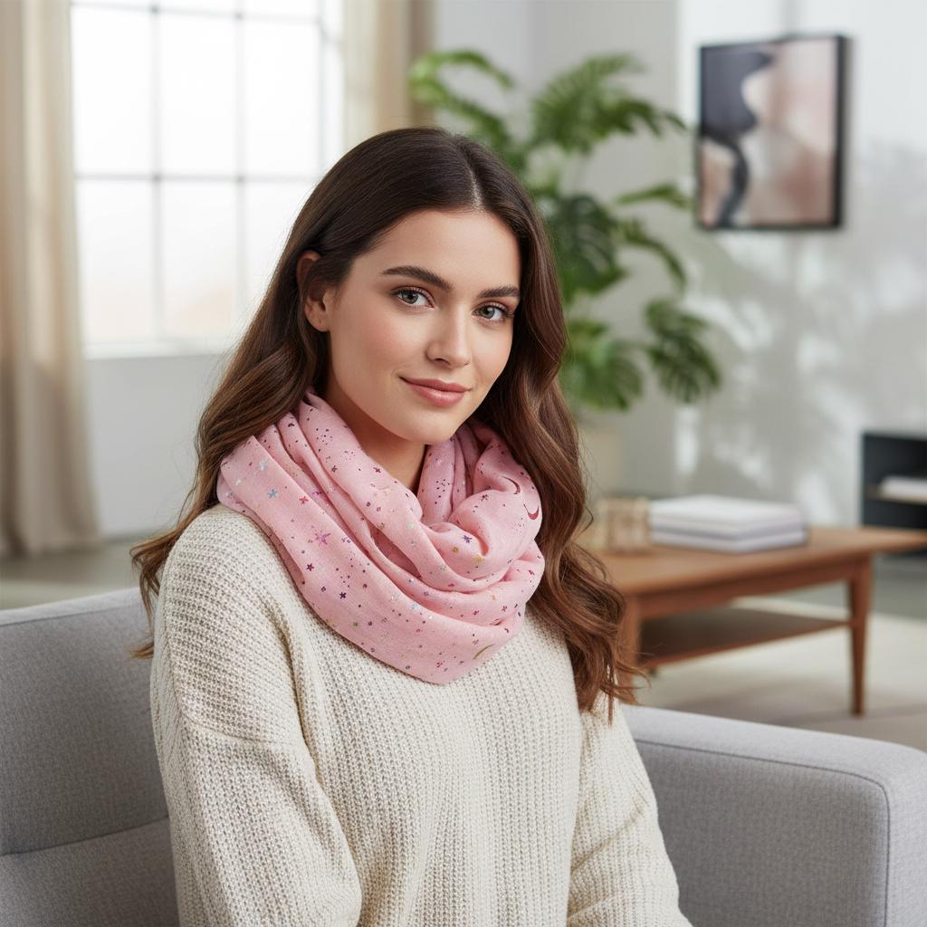 Rainbow Glitter Moon Star Print Snood Ladies Celebrity Style Infinity Scarf Wrap Comes with a gift bag
