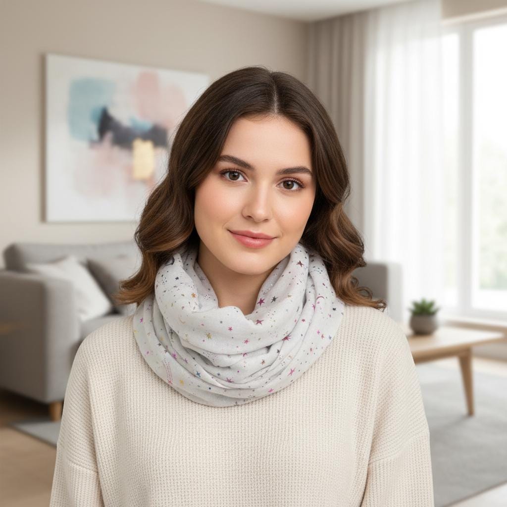 Rainbow Glitter Moon Star Print Snood Ladies Celebrity Style Infinity Scarf Wrap Comes with a gift bag