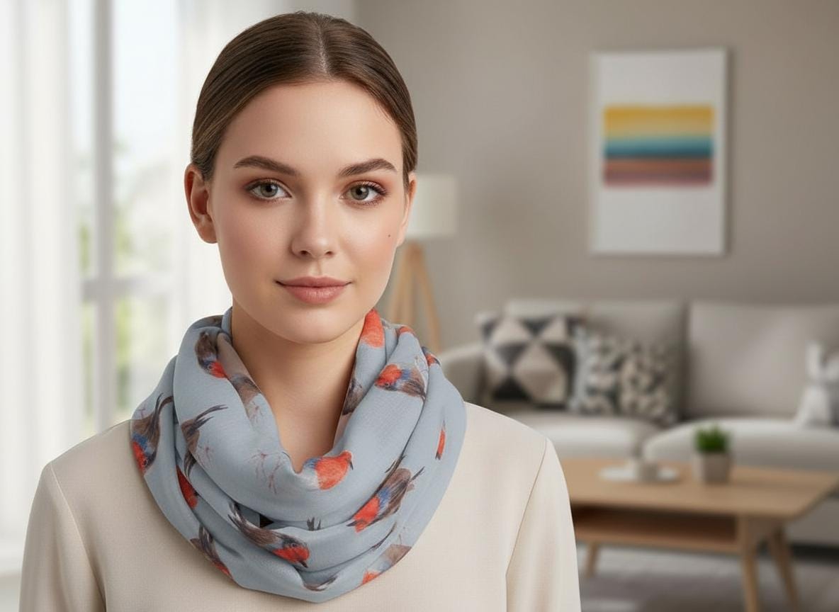 Watercolour Robin Bird Print Snood Infinity Scarf Come With a Gift bag