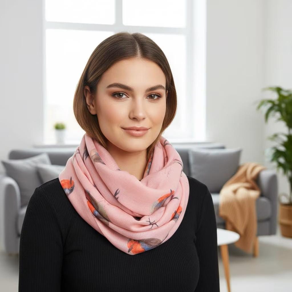 Watercolour Robin Bird Print Snood Infinity Scarf Come With a Gift bag