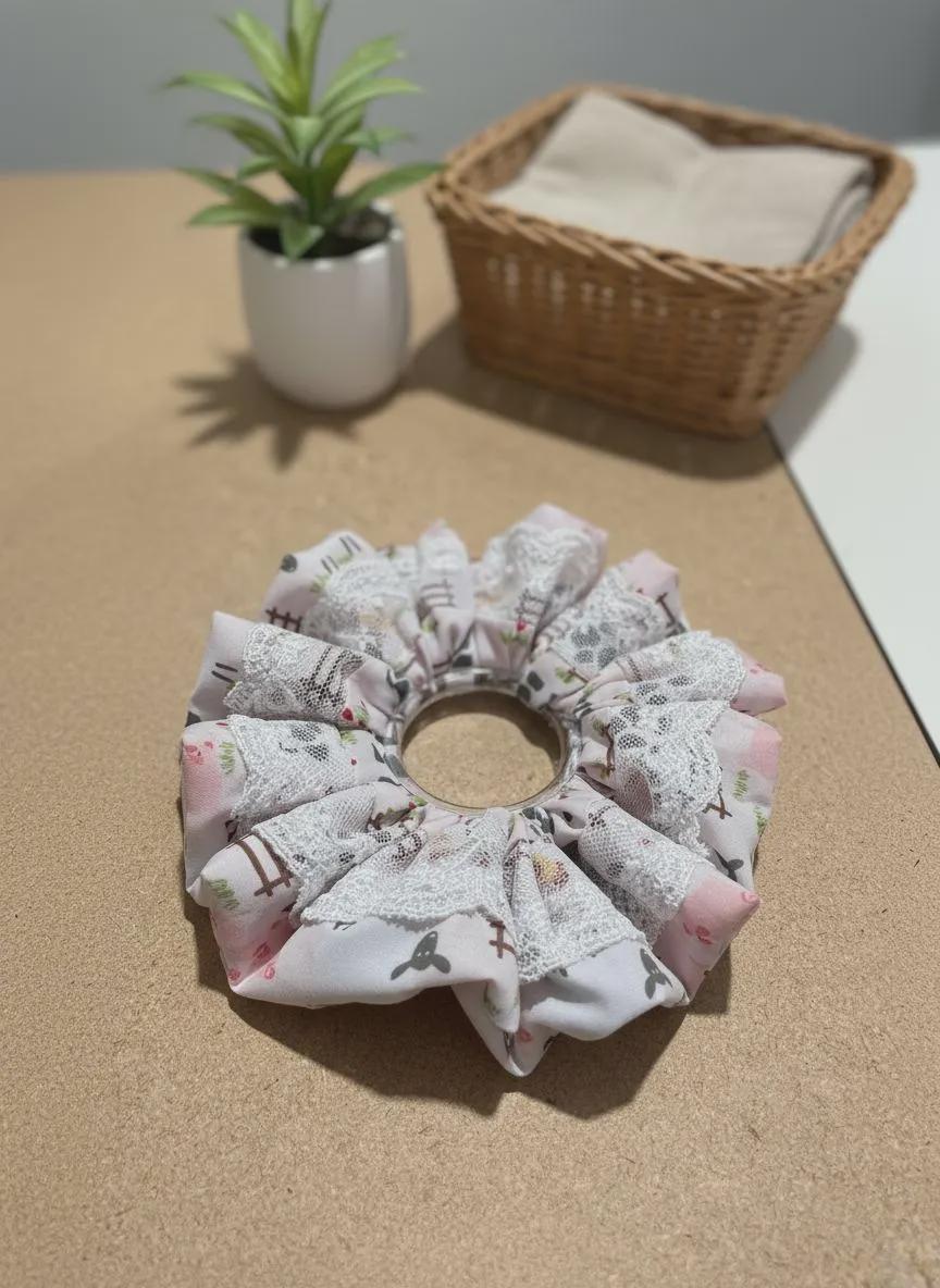 Handmade Farm Pig Sheep Chicken Pattern Scrunchie | Scrunchie Hair Tie | Cotton Polyester Hairband | Animal Pattern Scrunchies