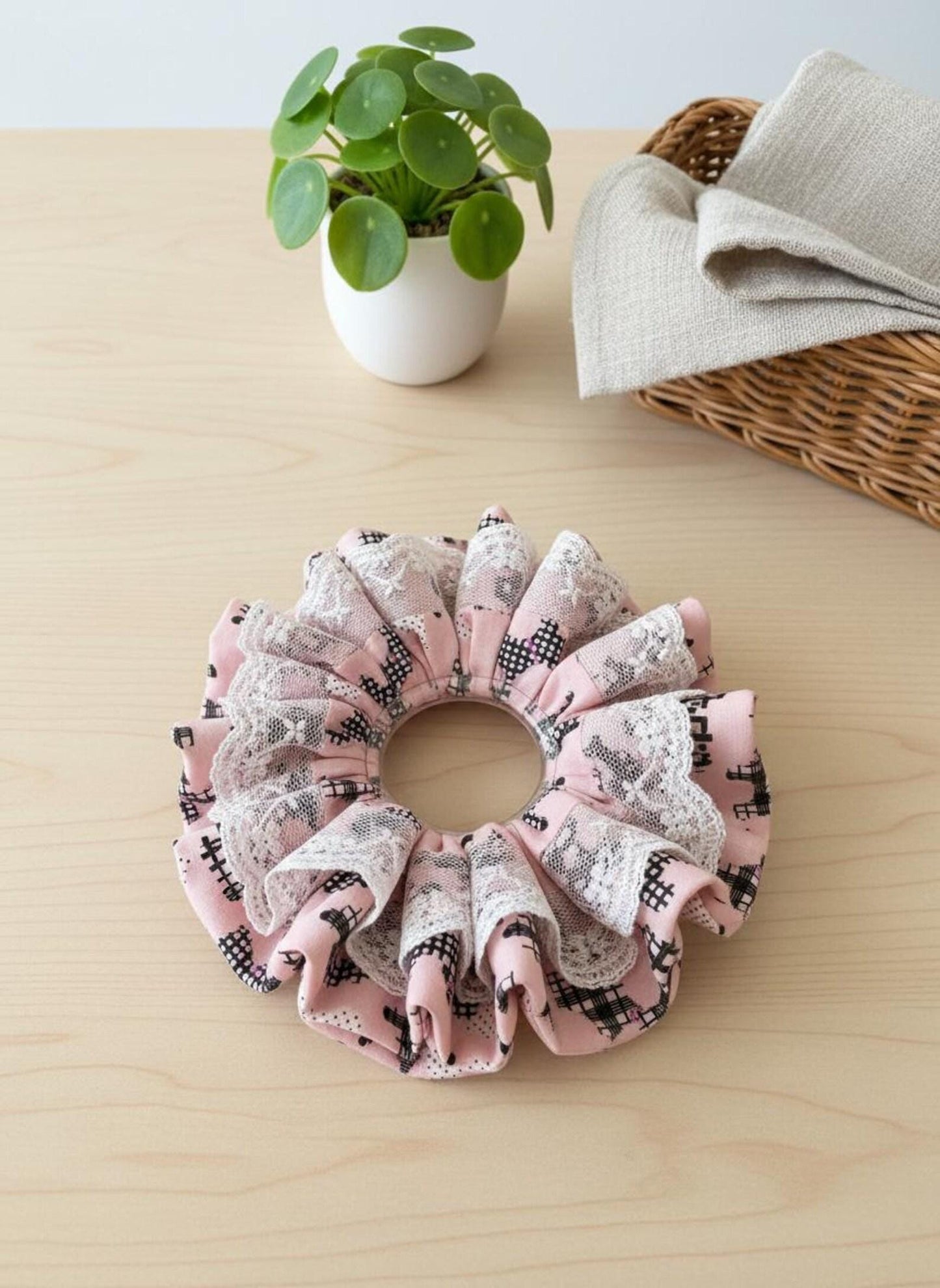 Handmade Scottie Dog Pattern With Lace Scrunchies | Scrunchie Hair Tie | Cotton Polyester Hairband | Animal Pattern Scrunchies