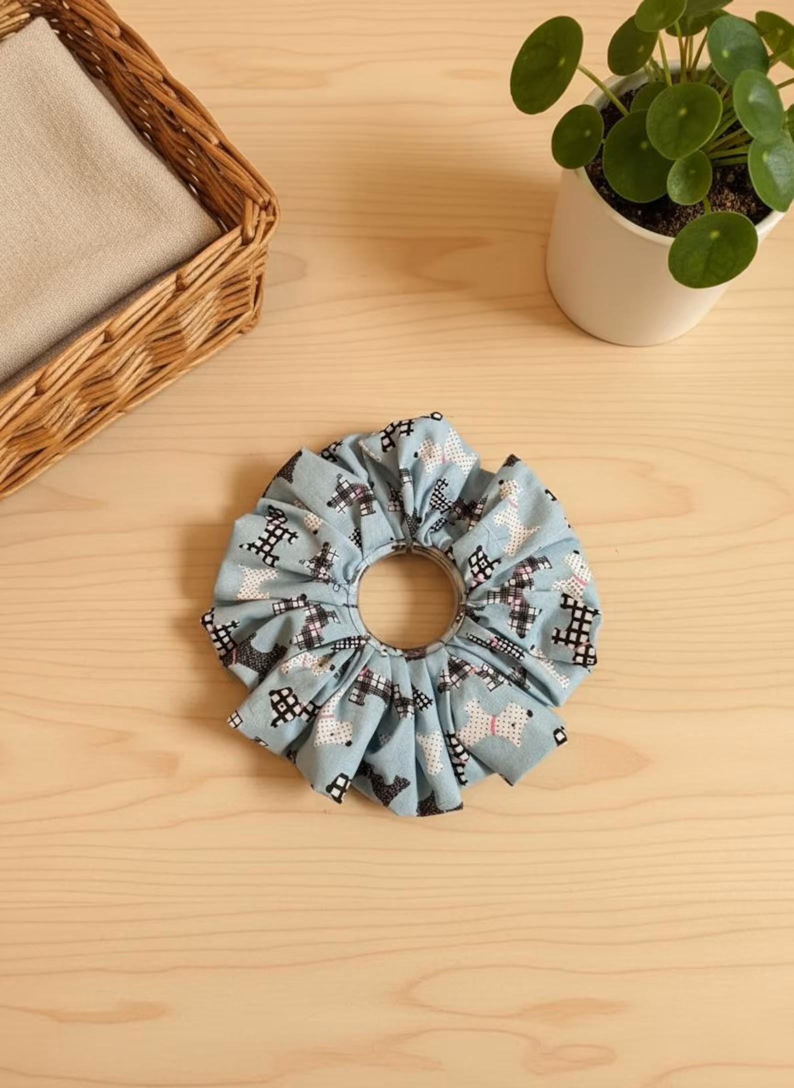 Handmade Scottie Dog Pattern With Lace Scrunchies | Scrunchie Hair Tie | Cotton Polyester Hairband | Animal Pattern Scrunchies