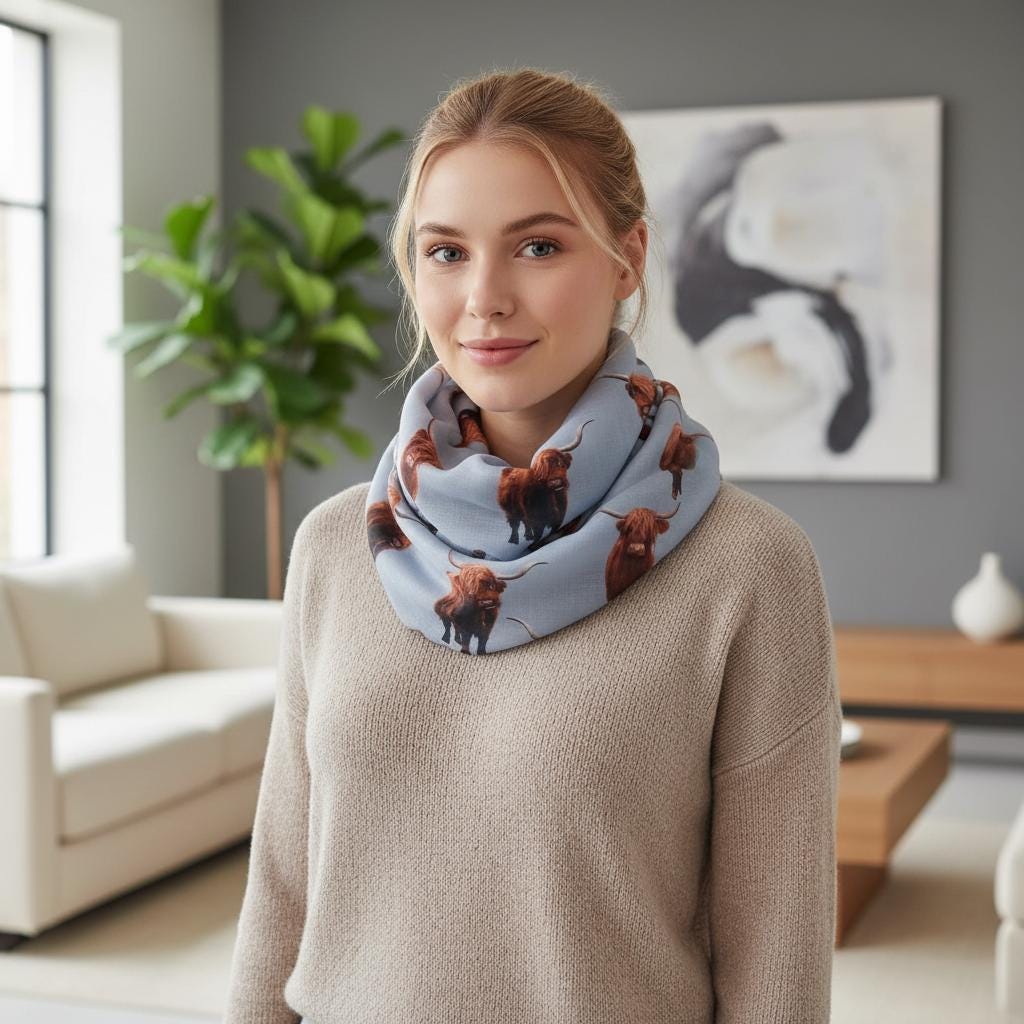 Scottish Highland Cow Printed Snood with Horns Print infinity Scarves Comes with a gift bag
