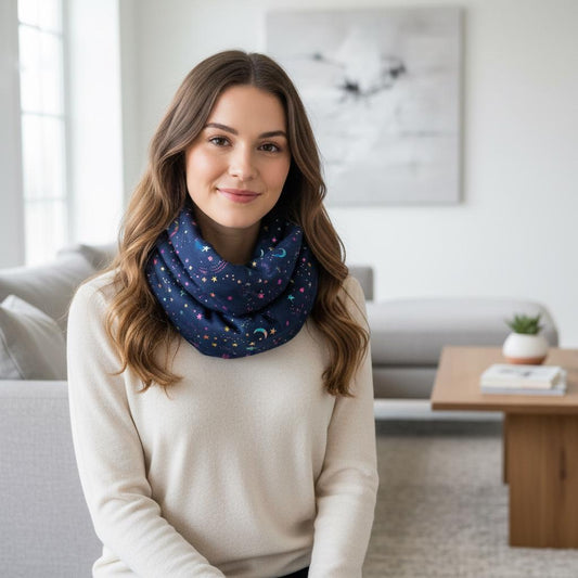 Rainbow Glitter Moon Star Print Snood Ladies Celebrity Style Infinity Scarf Wrap Comes with a gift bag