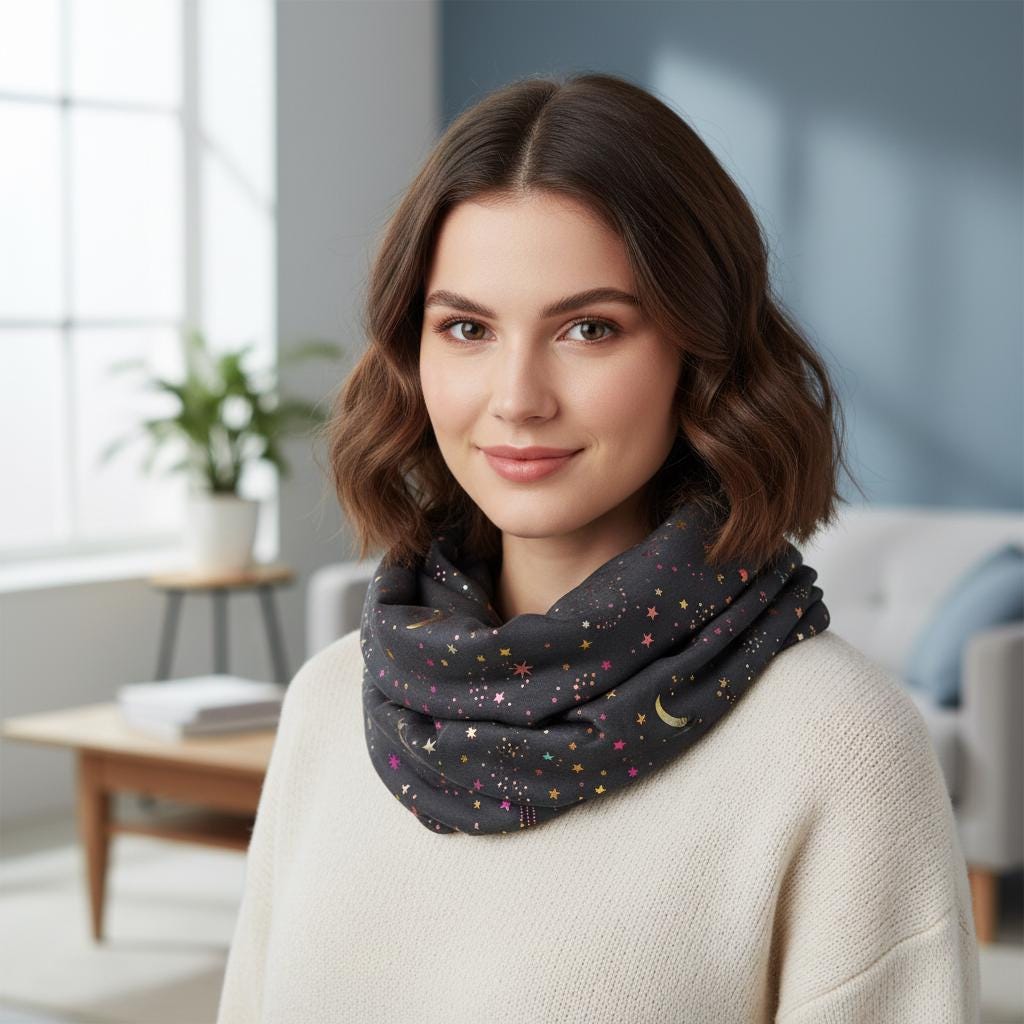 Rainbow Glitter Moon Star Print Snood Ladies Celebrity Style Infinity Scarf Wrap Comes with a gift bag