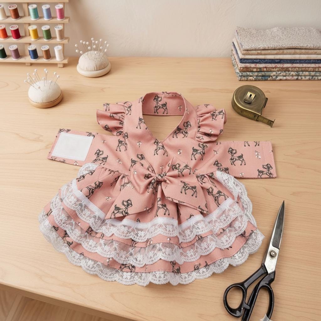 Custom Handmade Dog Dress, Whimsical Deer Print Pet Apparel, Tiered Ruffled Lace Puppy Outfit with Bow Detail.