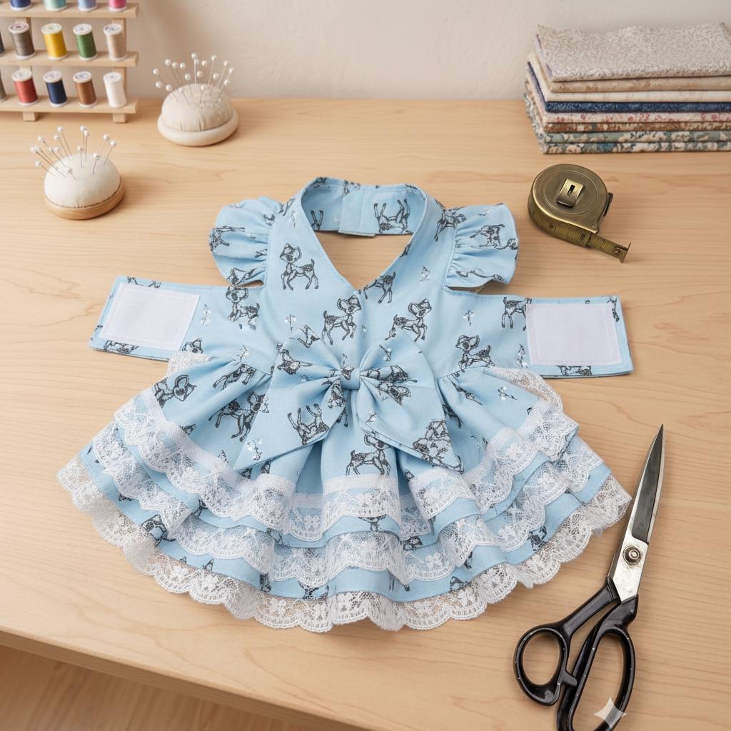 Custom Handmade Dog Dress, Whimsical Deer Print Pet Apparel, Tiered Ruffled Lace Puppy Outfit with Bow Detail.