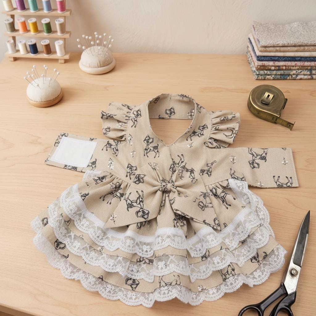 Custom Handmade Dog Dress, Whimsical Deer Print Pet Apparel, Tiered Ruffled Lace Puppy Outfit with Bow Detail.