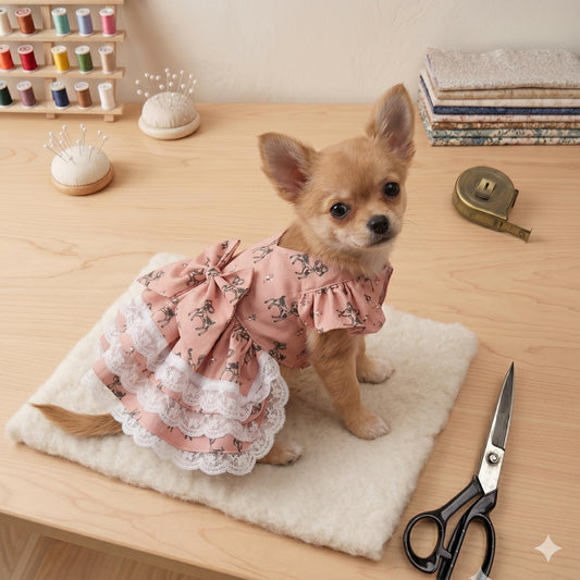 Custom Handmade Dog Dress, Whimsical Deer Print Pet Apparel, Tiered Ruffled Lace Puppy Outfit with Bow Detail.
