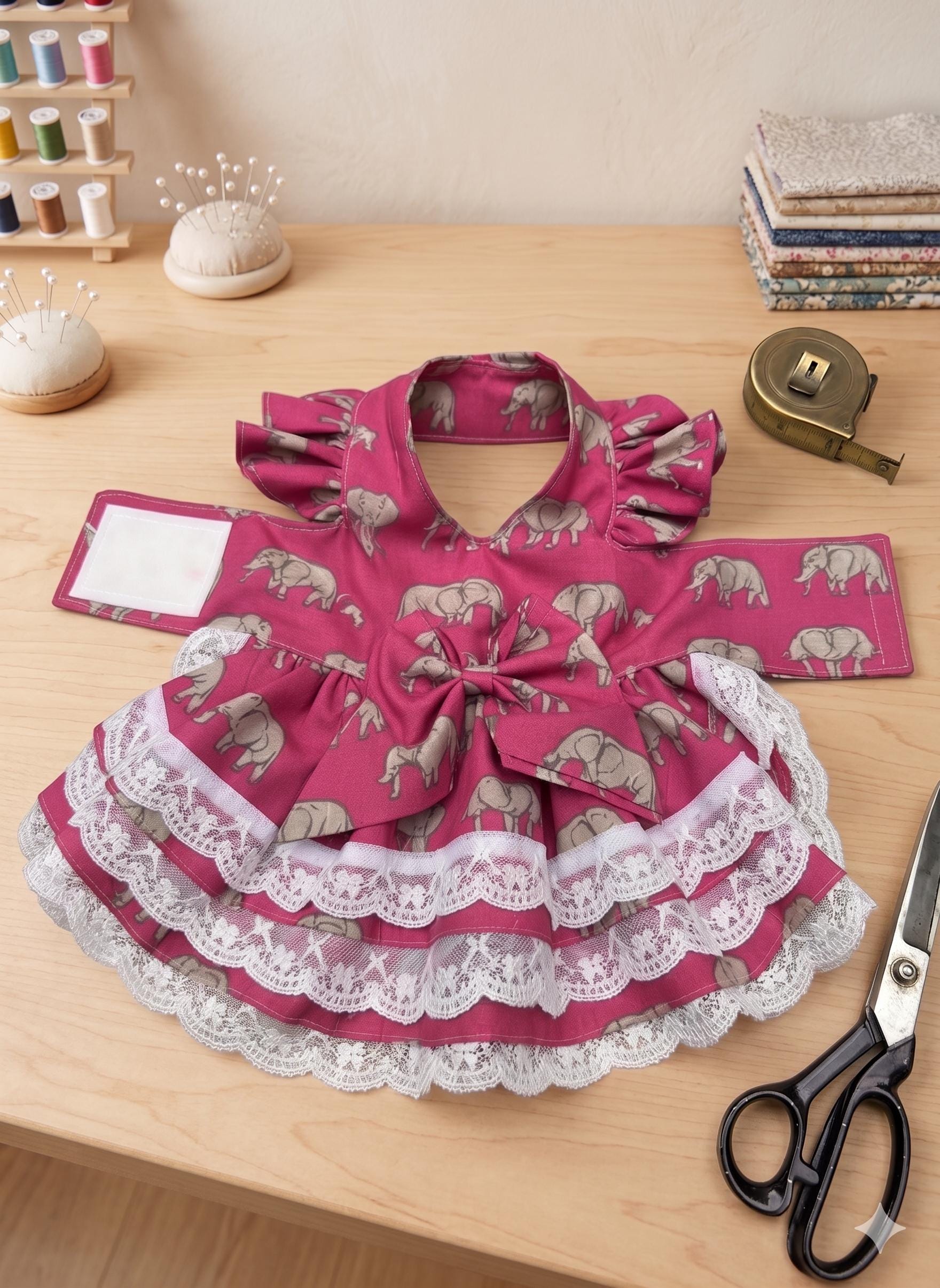 Custom Handmade Dog Dress elephant Print Pet Apparel, Tiered Ruffled Lace Puppy Outfit with Bow Detail