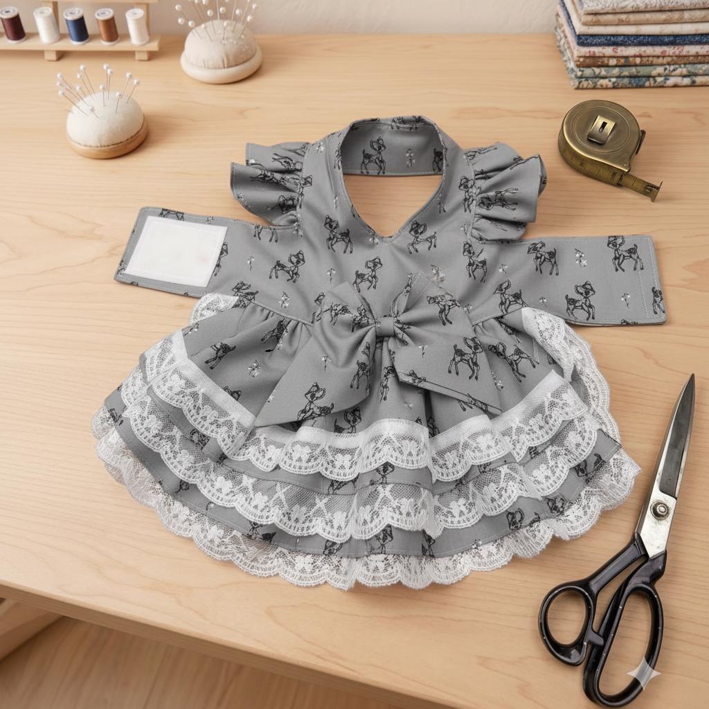 Custom Handmade Dog Dress, Whimsical Deer Print Pet Apparel, Tiered Ruffled Lace Puppy Outfit with Bow Detail.