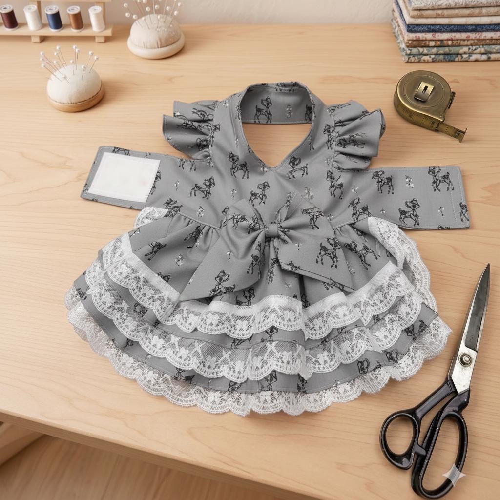 Custom Handmade Dog Dress, Whimsical Deer Print Pet Apparel, Tiered Ruffled Lace Puppy Outfit with Bow Detail.
