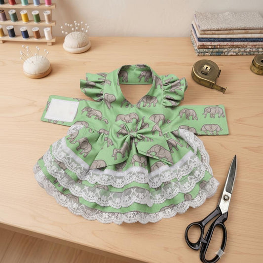 Custom Handmade Dog Dress elephant Print Pet Apparel, Tiered Ruffled Lace Puppy Outfit with Bow Detail