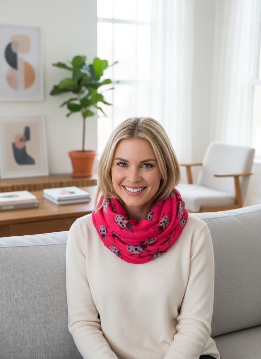 Ladybug Print Snood Infinity Scarf | Pink & Black Bug Print Circle Scarf | Lightweight Wrap | Gift for Her