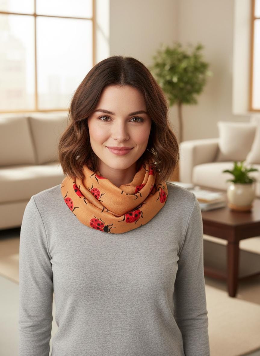 Ladybug Print Snood Infinity Scarf | Pink & Black Bug Print Circle Scarf | Lightweight Wrap | Gift for Her