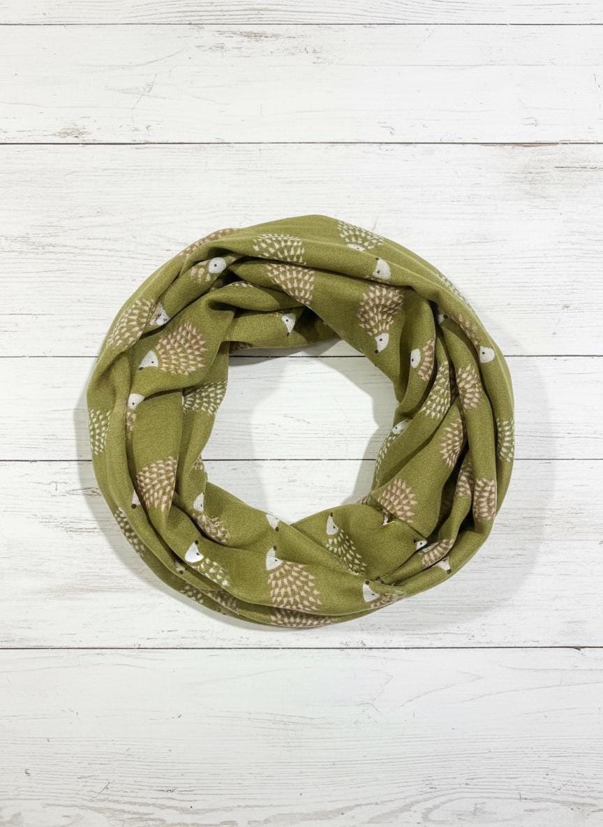 Hedgehog Print Infinity Scarf | Polyester Snood | Available in Multiple Colours | Woodland Animal Scarf | Hedgehog Lover Gift