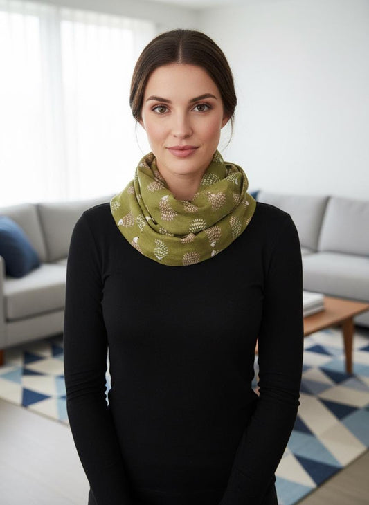 Hedgehog Print Infinity Scarf | Polyester Snood | Available in Multiple Colours | Woodland Animal Scarf | Hedgehog Lover Gift