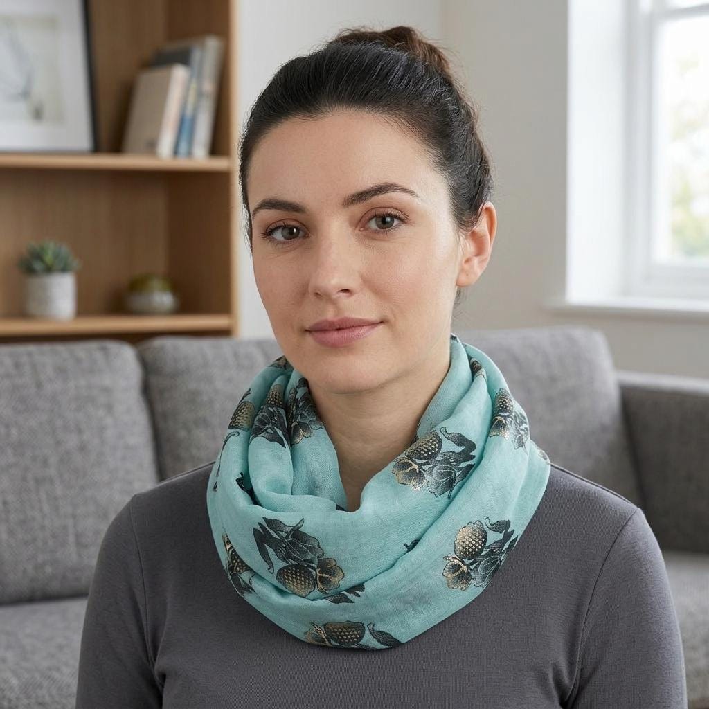 Floral Print Snood Infinity Scarf, Botanical Circle Scarf with Metallic Gold Foil Detail, Soft Spring Autumn Winter Snood, Gift for Her