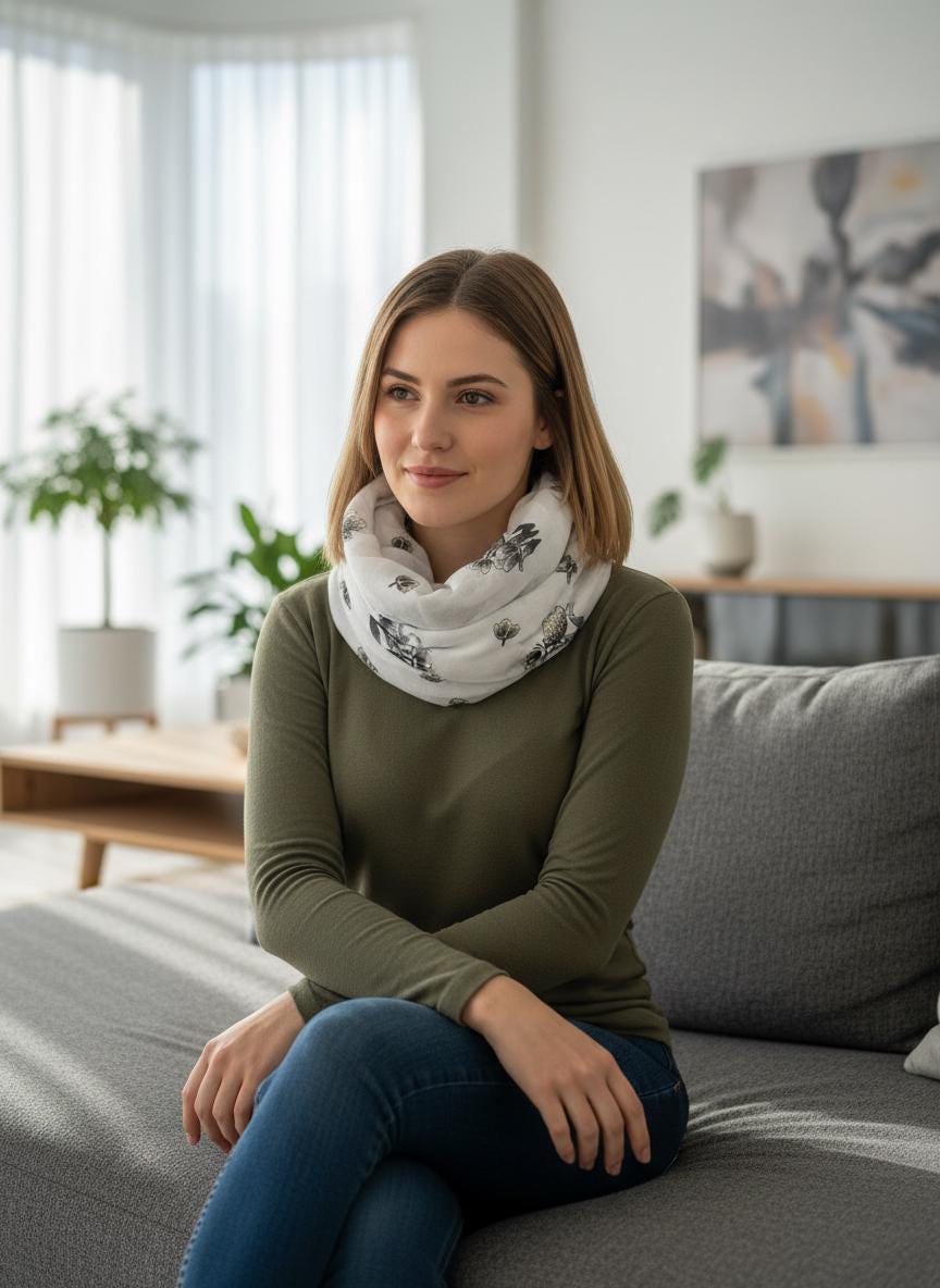 Floral Print Snood Infinity Scarf, Botanical Circle Scarf with Metallic Gold Foil Detail, Soft Spring Autumn Winter Snood, Gift for Her