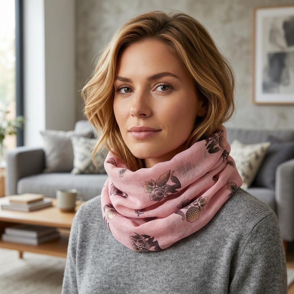 Floral Print Snood Infinity Scarf, Botanical Circle Scarf with Metallic Gold Foil Detail, Soft Spring Autumn Winter Snood, Gift for Her