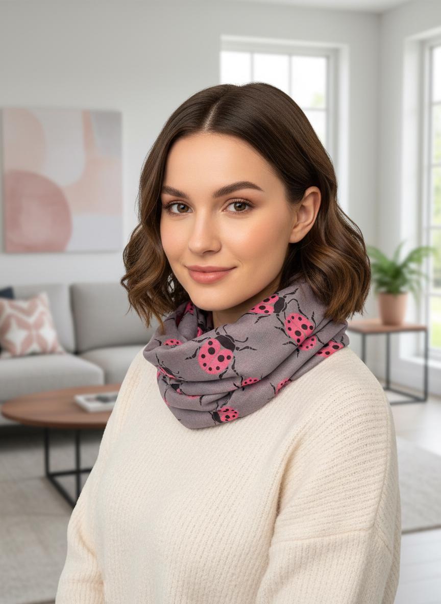 Ladybug Print Snood Infinity Scarf | Pink & Black Bug Print Circle Scarf | Lightweight Wrap | Gift for Her