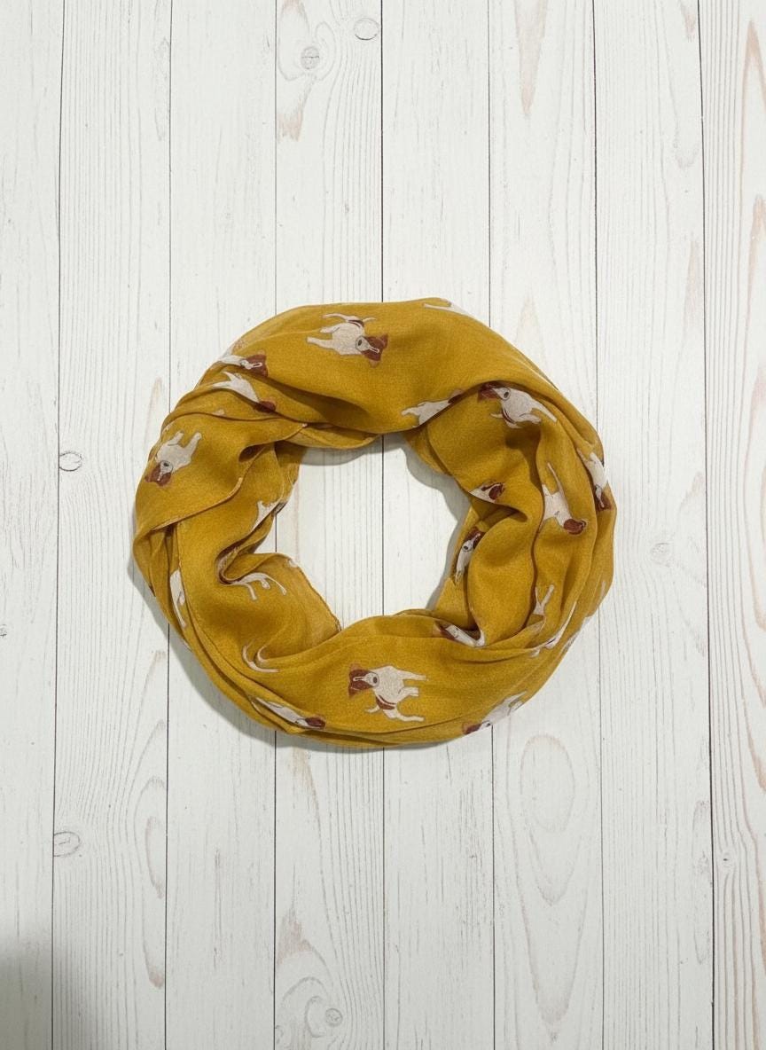 Jack Russell Terrier Infinity Scarf | Mustard Yellow Dog Print Snood | Lightweight Chiffon Loop Scarf | Dog Lover Gift