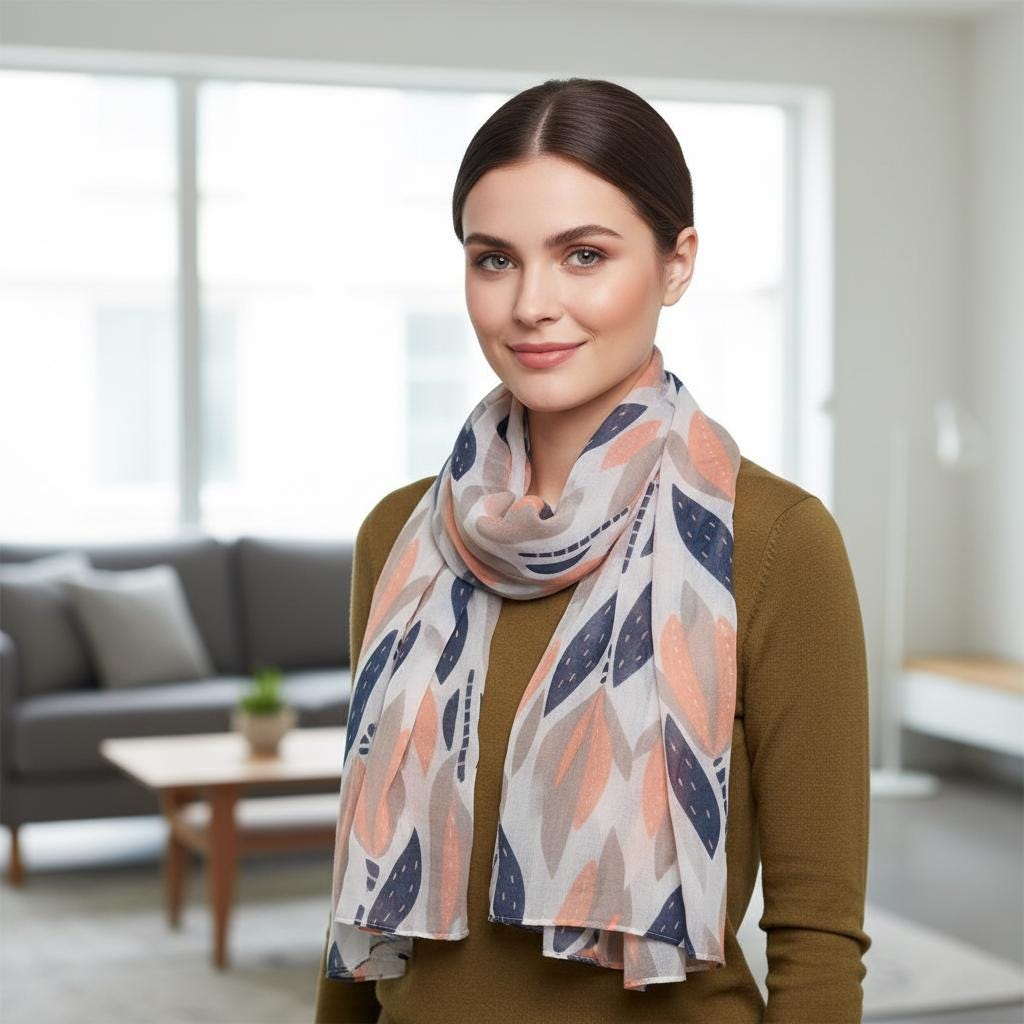 Lightweight Leaf Print Scarf | Navy Peach Floral Wrap | Women's Fashion Scarf Comes with a gift bag