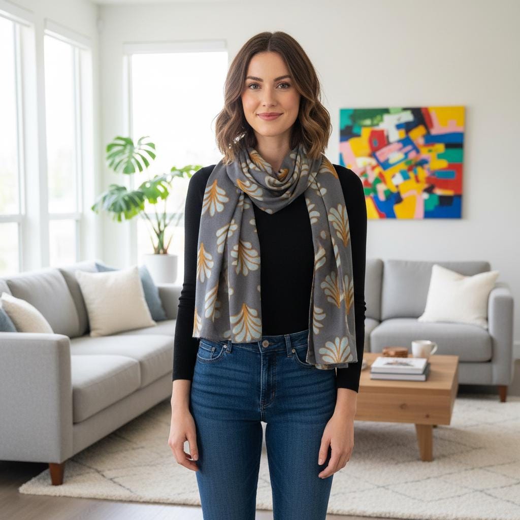 Grey Leaf Print Scarf | Blue Gold Botanical Wrap | Women's Fashion Scarf Comes with a gift bag