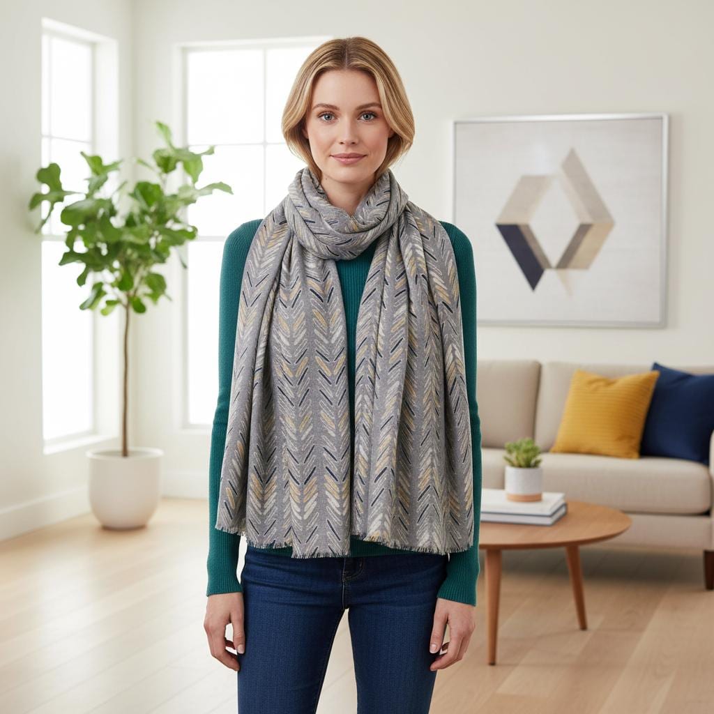 Grey Chevron Print Scarf | Mustard Navy Arrow Wrap | Women's Winter Scarf Comes with a gift bag