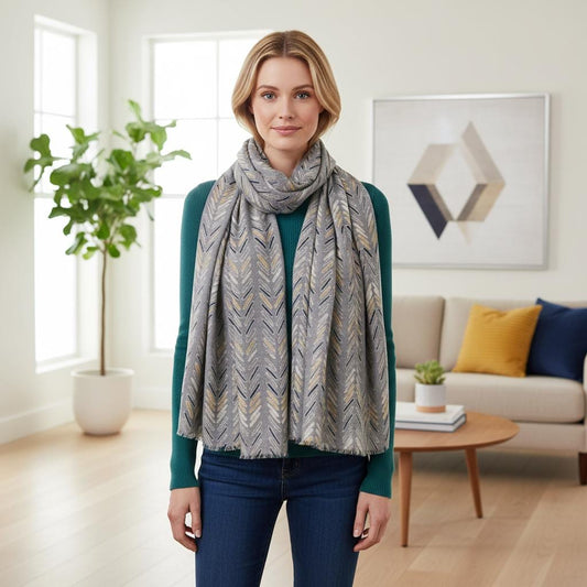Grey Chevron Print Scarf | Mustard Navy Arrow Wrap | Women's Winter Scarf Comes with a gift bag