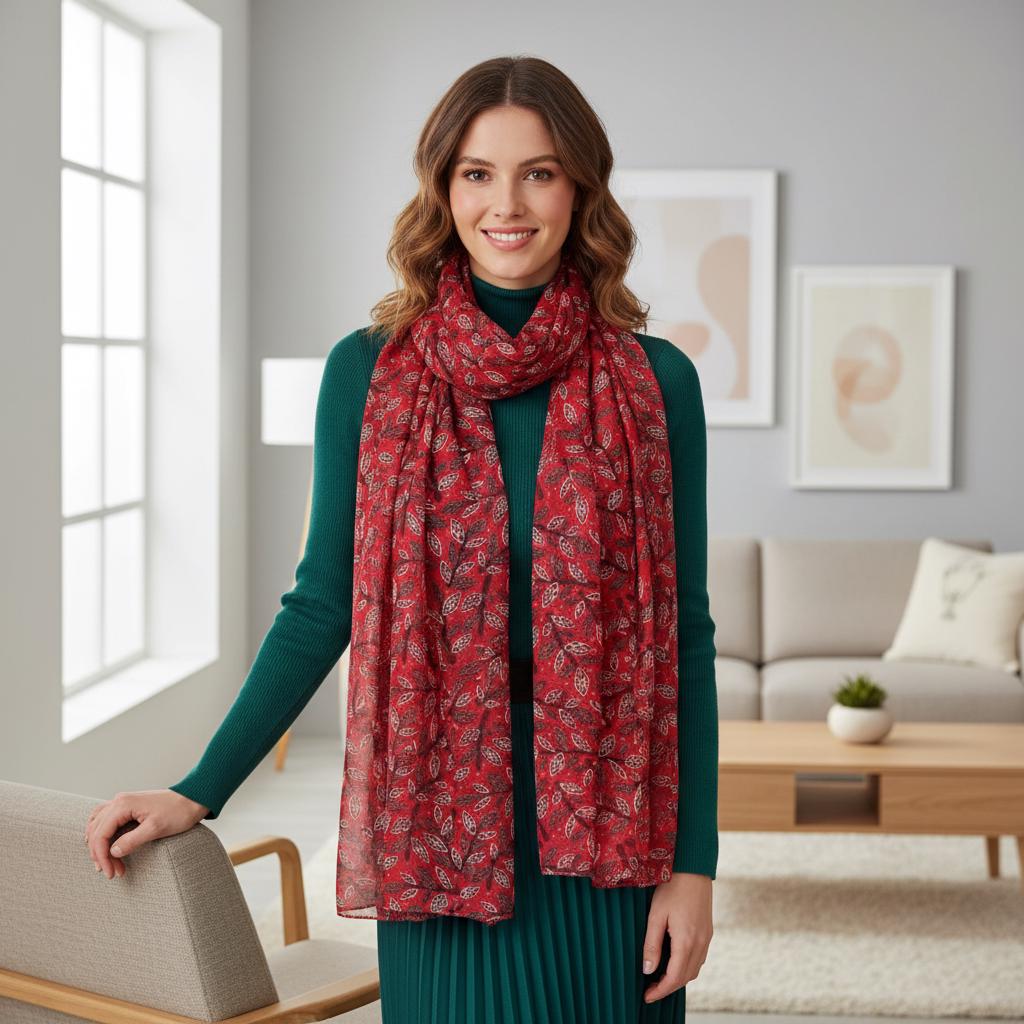 Lightweight Leaf Print Scarf | Red Berry Floral Wrap | Women's Fashion Scarf Comes with a gift bag