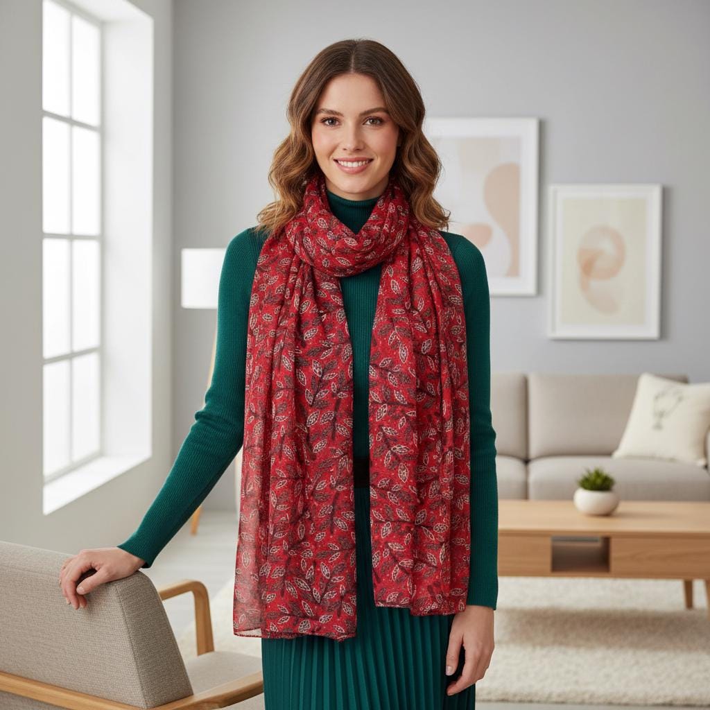 Lightweight Leaf Print Scarf | Red Berry Floral Wrap | Women's Fashion Scarf Comes with a gift bag