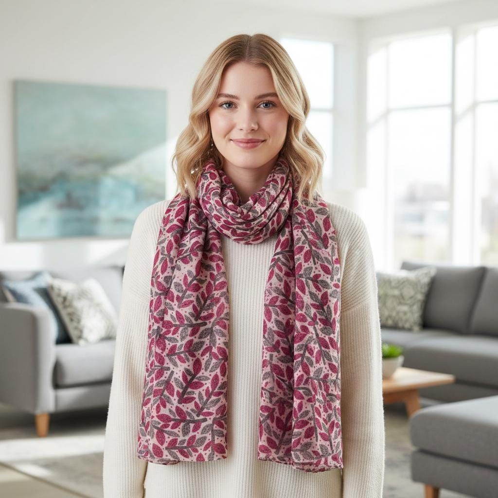 Lightweight Leaf Print Scarf | Red Berry Floral Wrap | Women's Fashion Scarf Comes with a gift bag