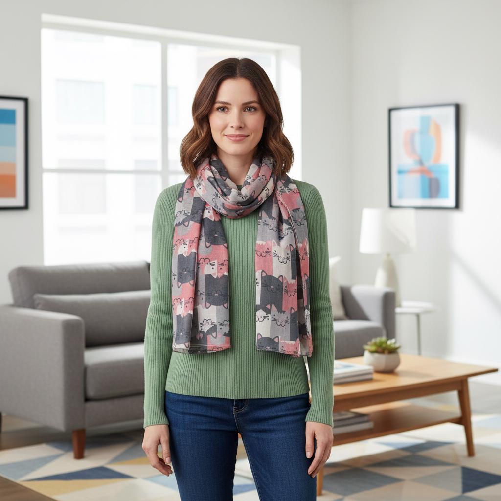 Cute Cat Print Scarf | Pink Grey Kitty Wrap | Women's Fun Fashion Scarf Comes with a gift bag