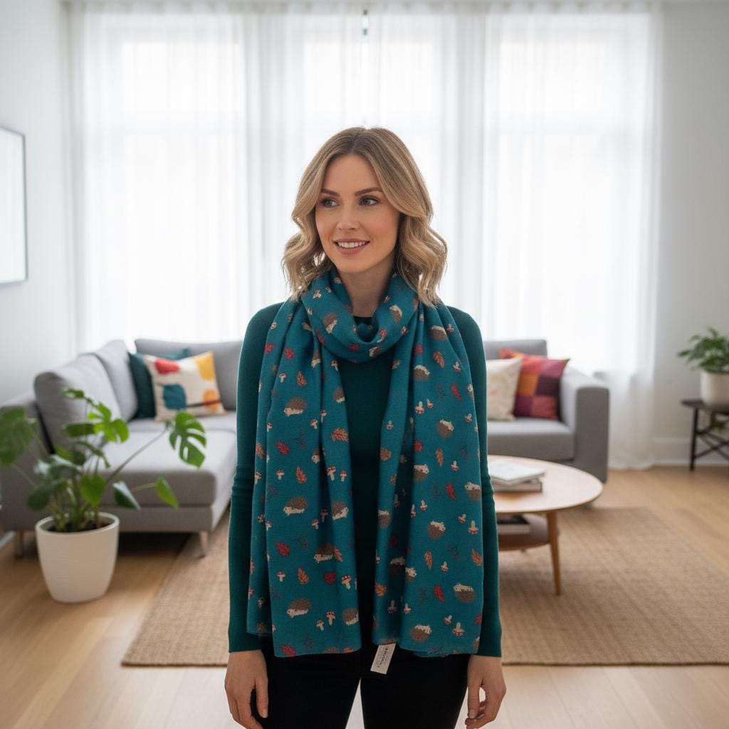 Hedgehog Print Scarf | Navy Autumn Mushroom Leaf Wrap | Women's Scarf Comes with a gift bag