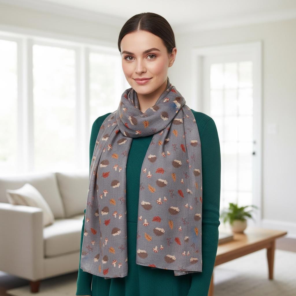Hedgehog Print Scarf | Navy Autumn Mushroom Leaf Wrap | Women's Scarf Comes with a gift bag