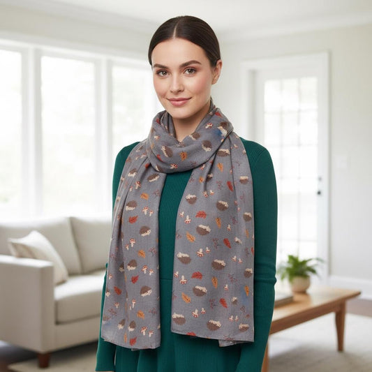 Hedgehog Print Scarf | Navy Autumn Mushroom Leaf Wrap | Women's Scarf Comes with a gift bag
