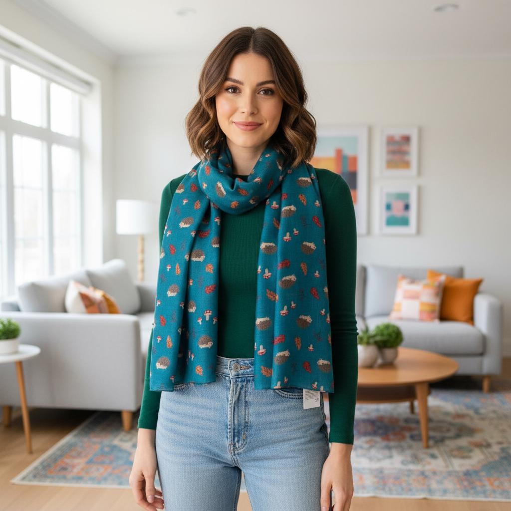 Hedgehog Print Scarf | Navy Autumn Mushroom Leaf Wrap | Women's Scarf Comes with a gift bag