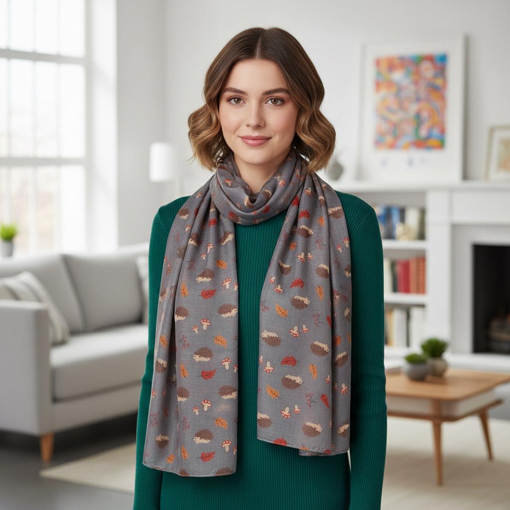 Hedgehog Print Scarf | Navy Autumn Mushroom Leaf Wrap | Women's Scarf Comes with a gift bag