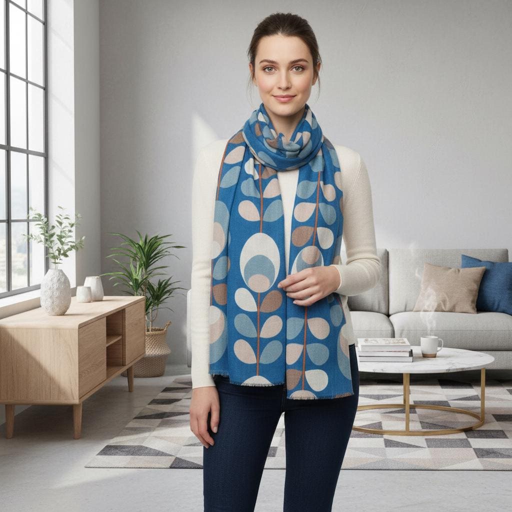 Blue Retro Vine Print Scarf | Mod Leaf Wrap | Women's Statement Scarf Comes with a gift bag