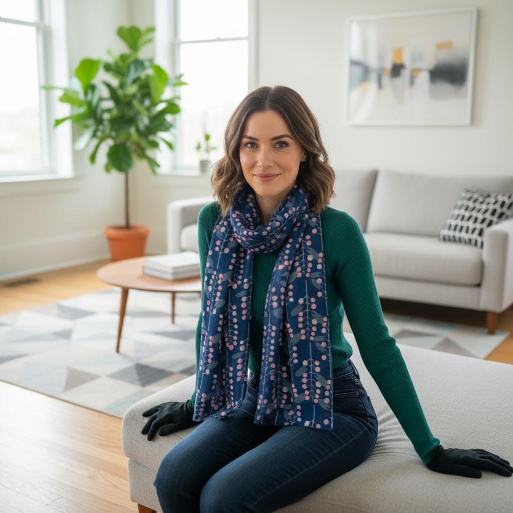 Berry Sprig Print Scarf | Teal or Navy Floral Wrap | Women's Scarf Comes with a gift bag