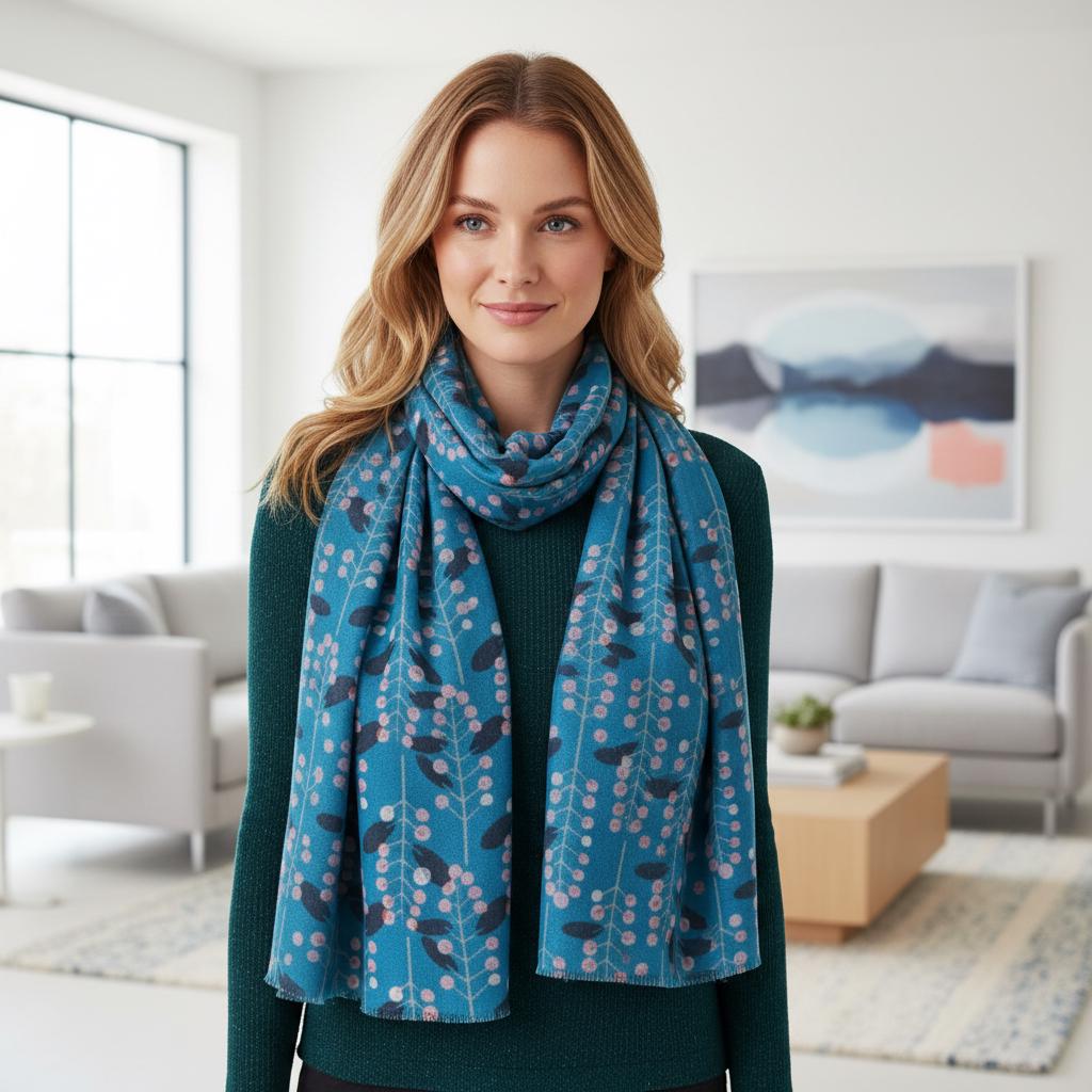 Berry Sprig Print Scarf | Teal or Navy Floral Wrap | Women's Scarf Comes with a gift bag