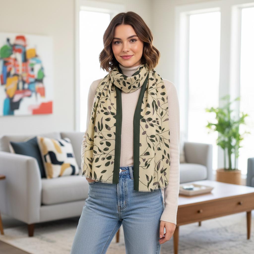 Cream Leaf Print Scarf | Khaki Green Border Wrap | Women's Botanical Scarf Comes with a gift bag