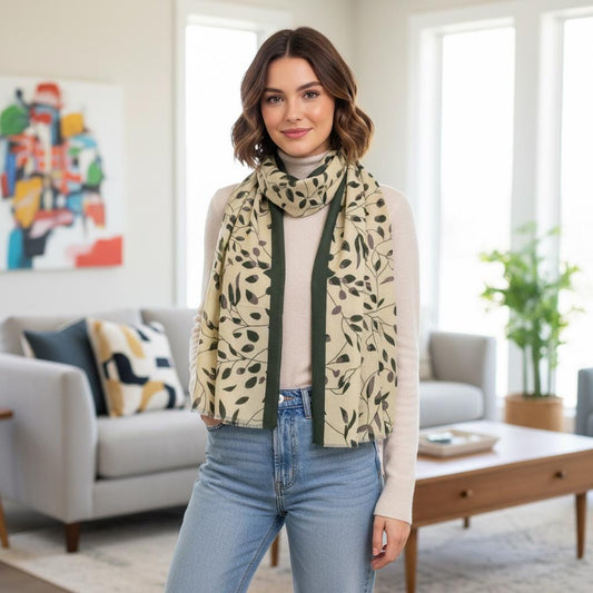 Cream Leaf Print Scarf | Khaki Green Border Wrap | Women's Botanical Scarf Comes with a gift bag